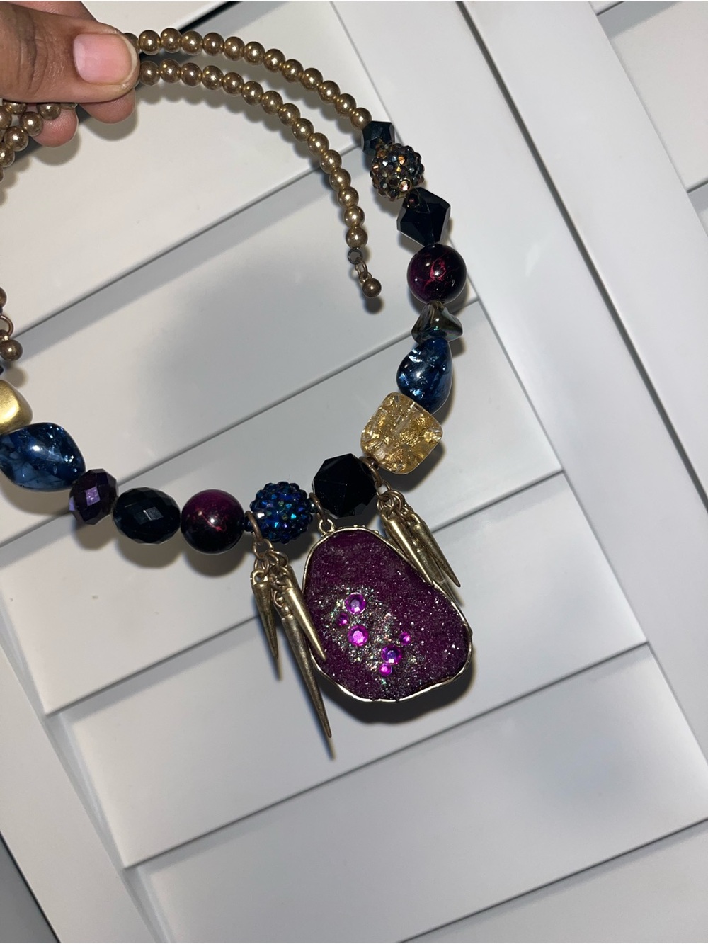 Gold Beaded Necklace with Purple Druzy Pendant